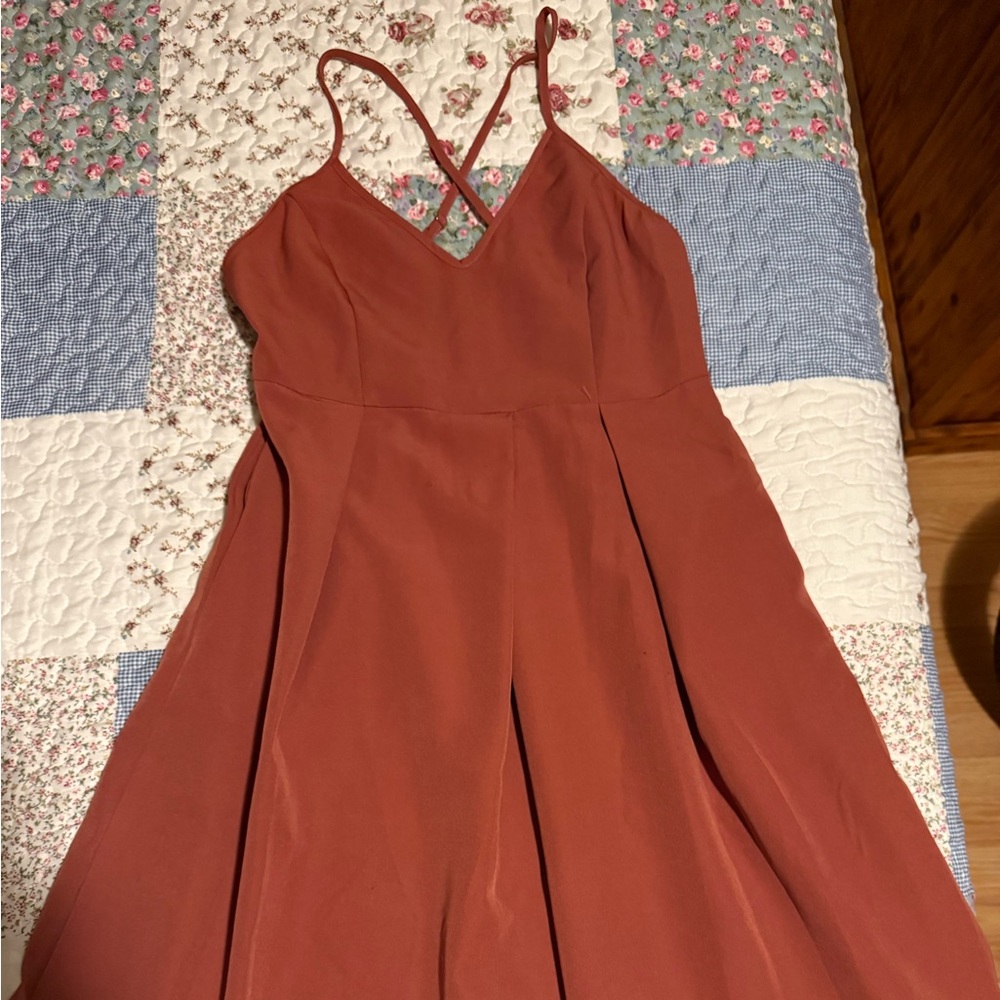 Rust Terracotta Midi Dress | Spaghetti Strap V-Neck